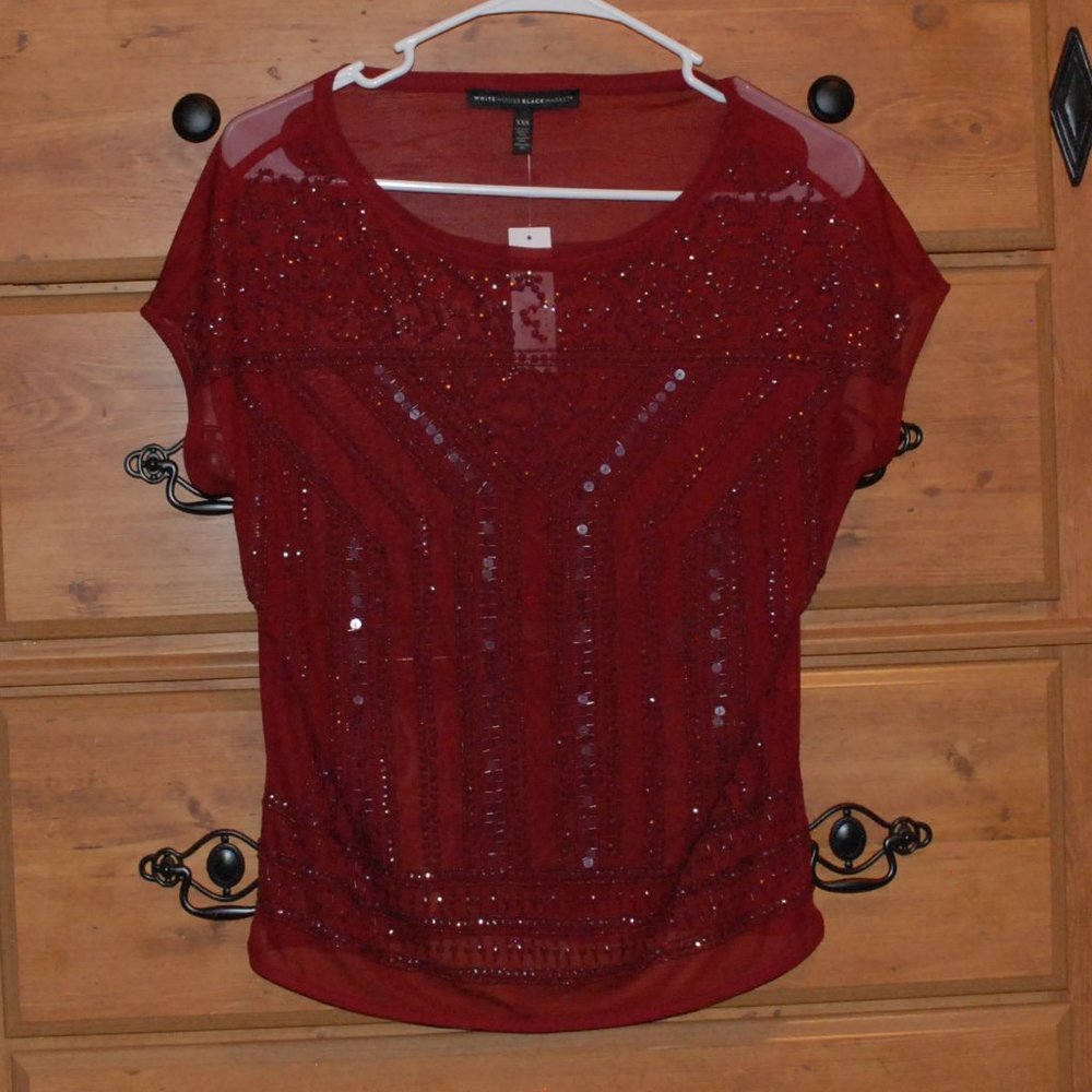 WHBM Maroon Beaded Sequin Top XXS
